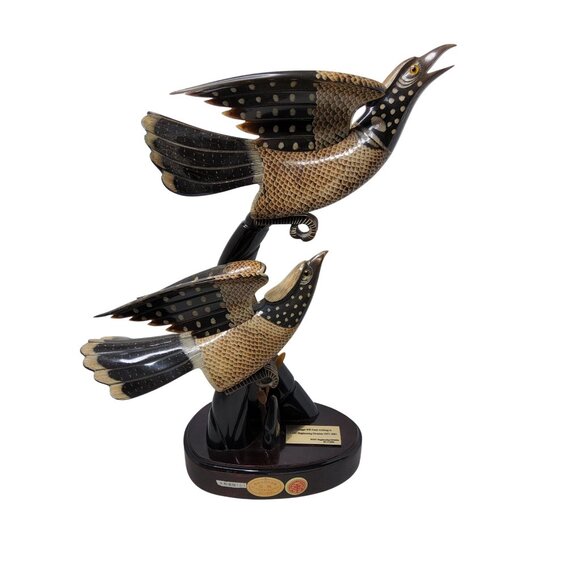 Vintage Hainan Natural Hand Carved Sculpted Twin Bird On A Log Of Ox Horn - Picture 4 of 9